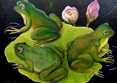 Martine Monie Mounie 2017 _acrylique sur toile de lin_Trois grenouilles sur un nénuphar 40x40 (799x800)