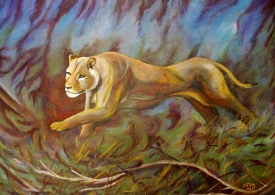 36 Martine monie mounie acrylique sur toile de lin La course d'une lionne dans la savane_P25_60x81_2021 blog