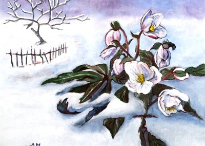 martinemoniemounie_peinture acrylique sur toile de lin_30x30_Fleurs et neige_2023